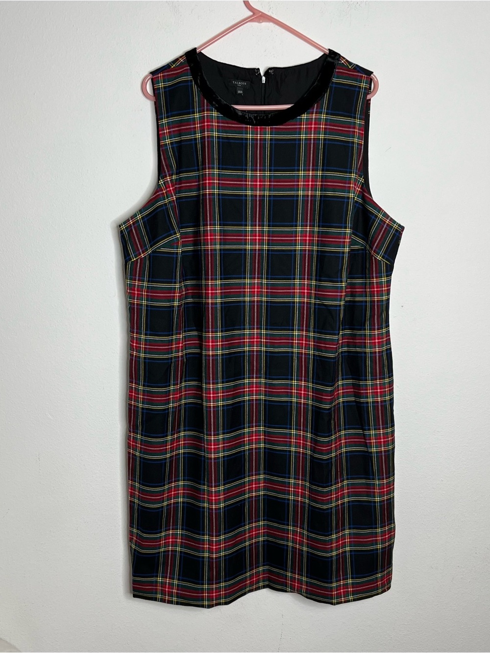 Talbots Dress 16W Plus Plaid Sheath Shift Holiday Christmas Velvet Trim